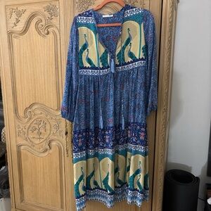 Elegant Blue and Yellow Long Sleeve Dress